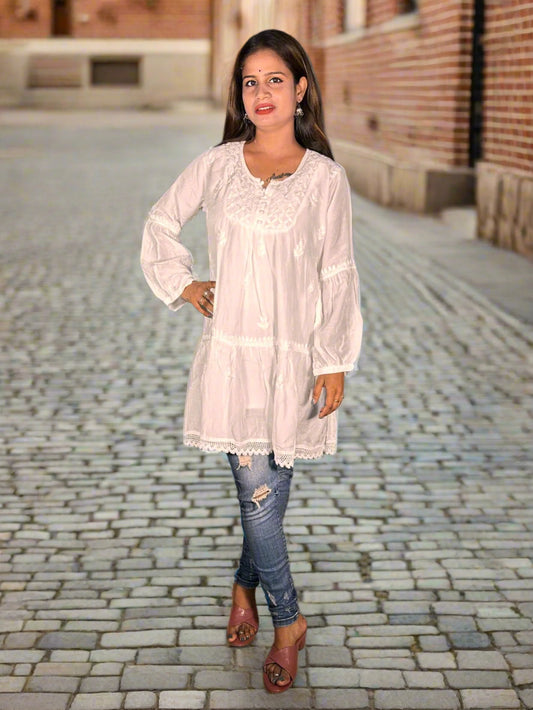 Lucknowi Chikankari White Muslin Short Kurti-T000012