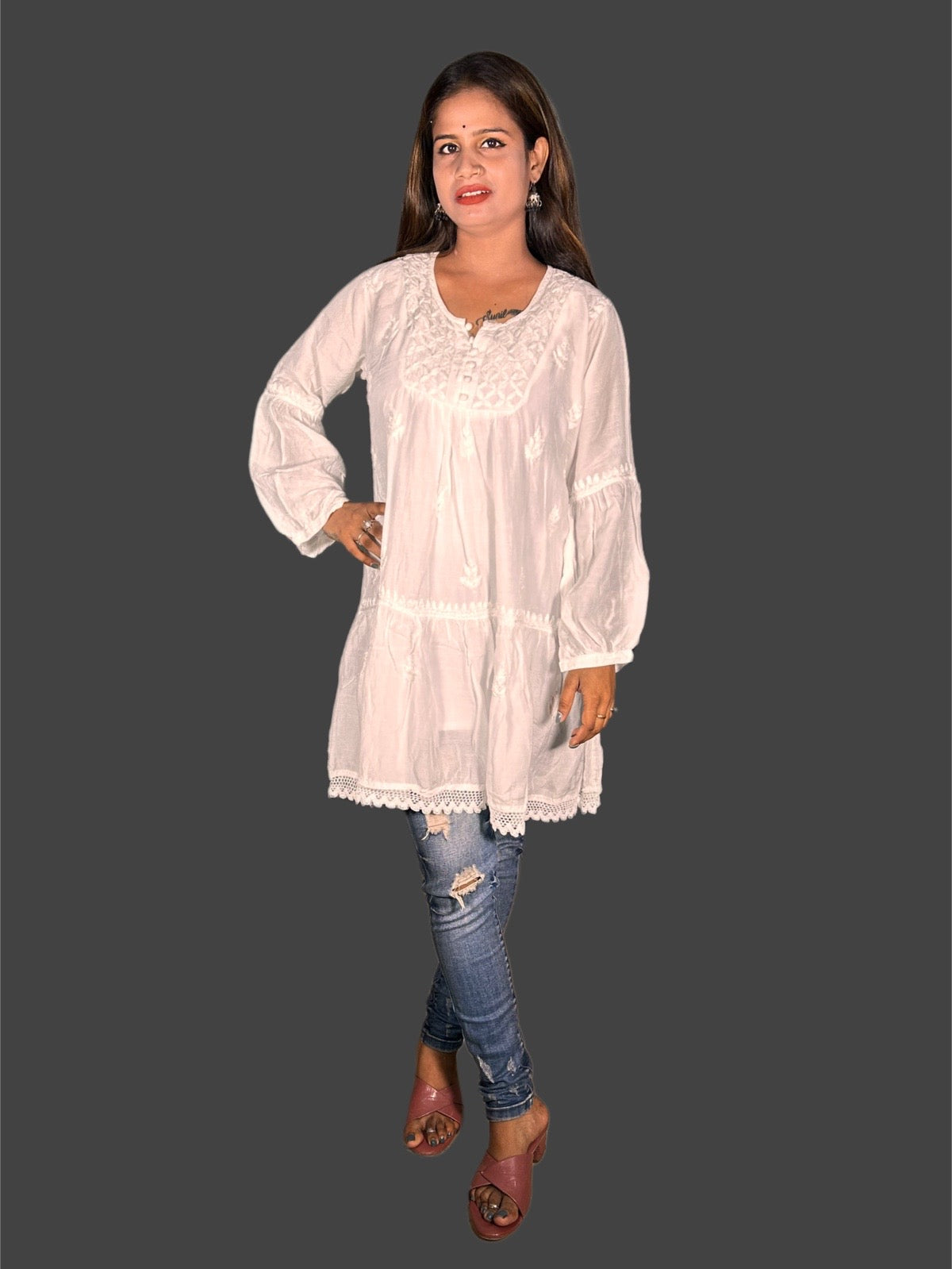 Lucknowi Chikankari White 'Ujaala' Muslin Short Kurti-T000012