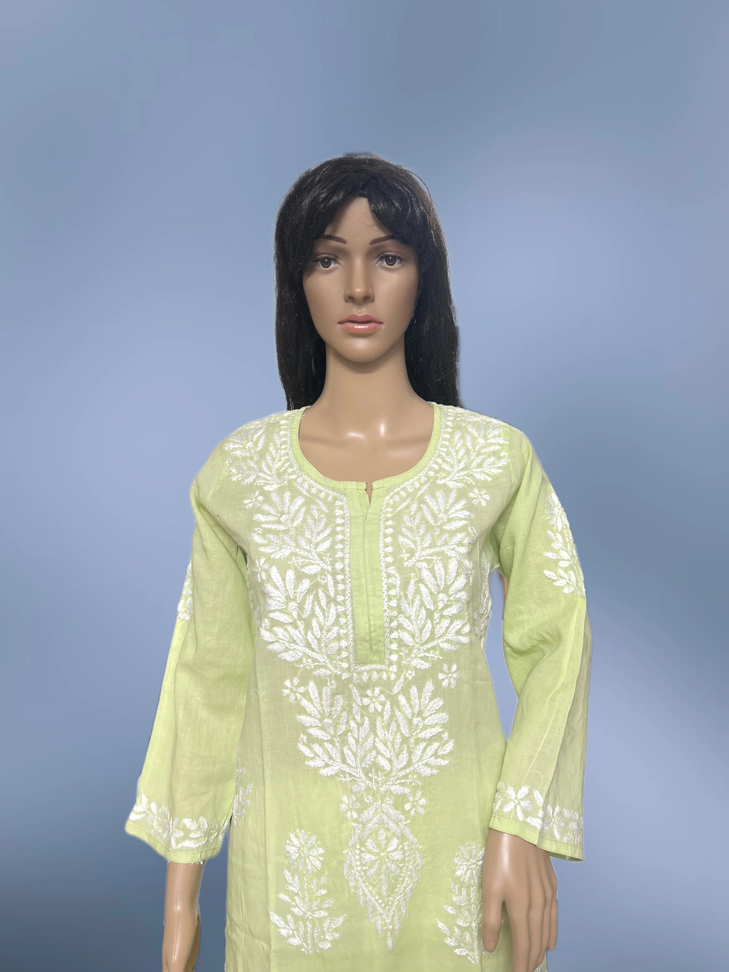 Lucknowi Chikankari Lime Green Cotton Kurti-K000106