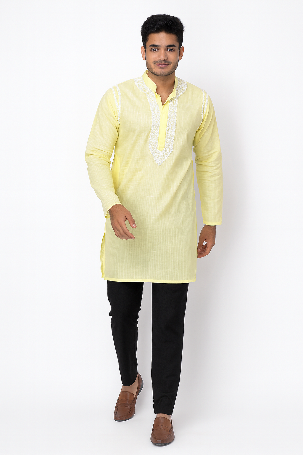 Lucknowi Chikankari Yellow 'Sunehri' Cotton Gents Kurta-GK00021