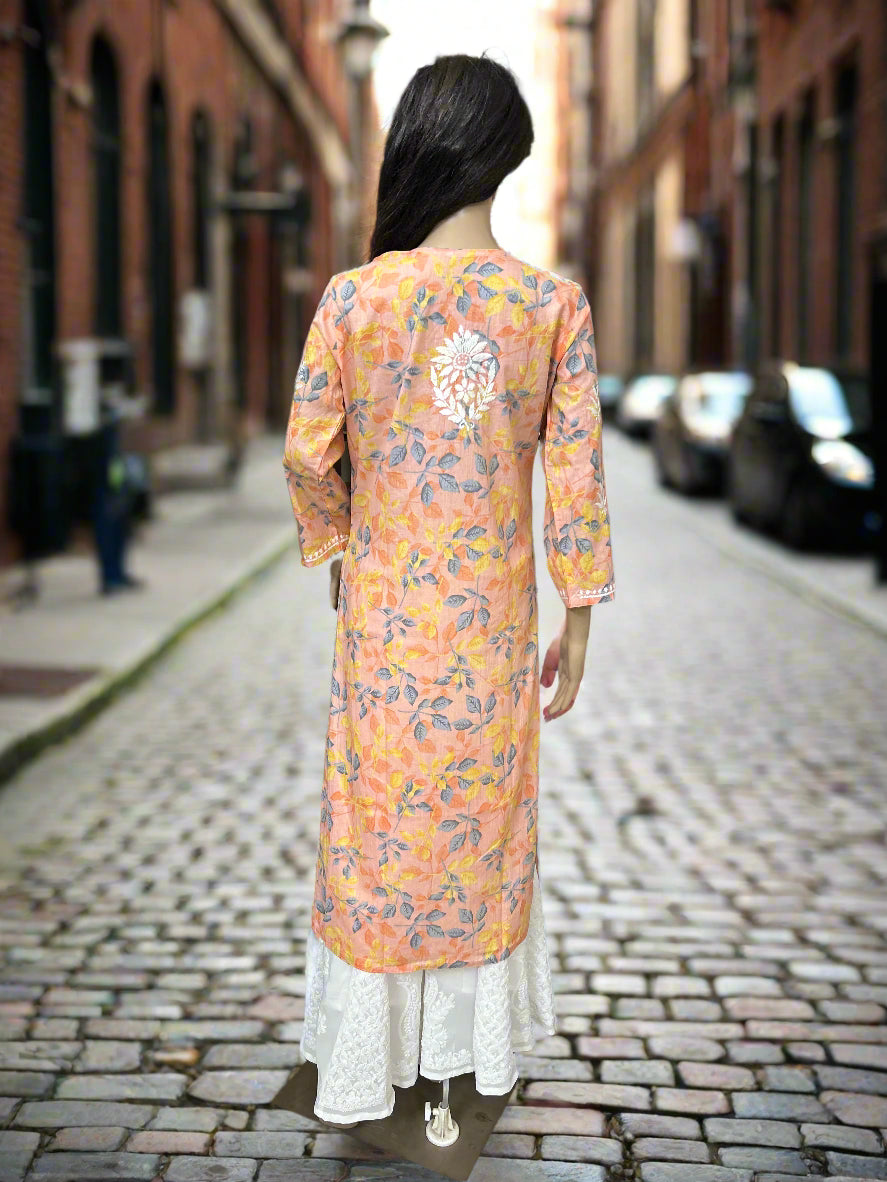 Lucknowi Chikankari Peach Printed Cotton Kurti-K000178