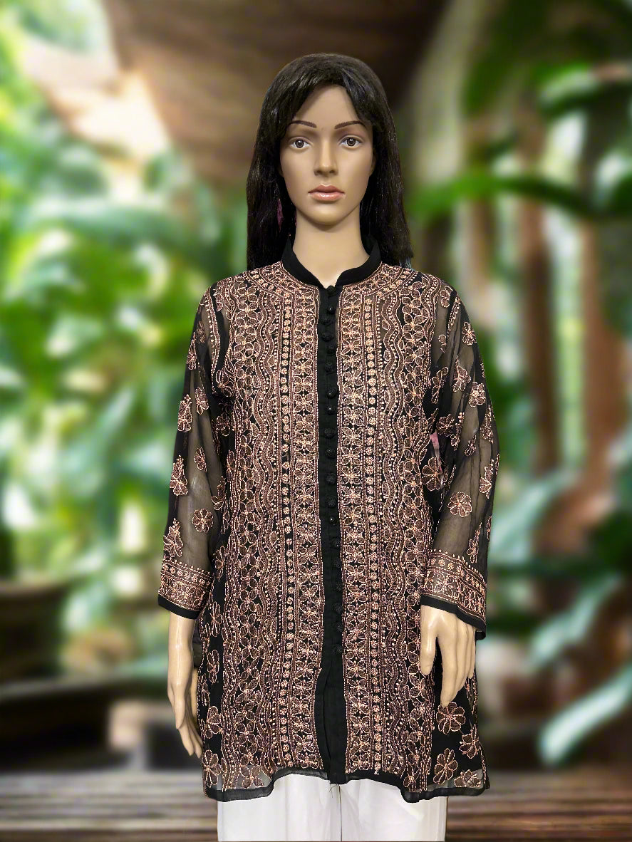 Lucknowi Chikankari Black Georgette Short Kurti-T50007