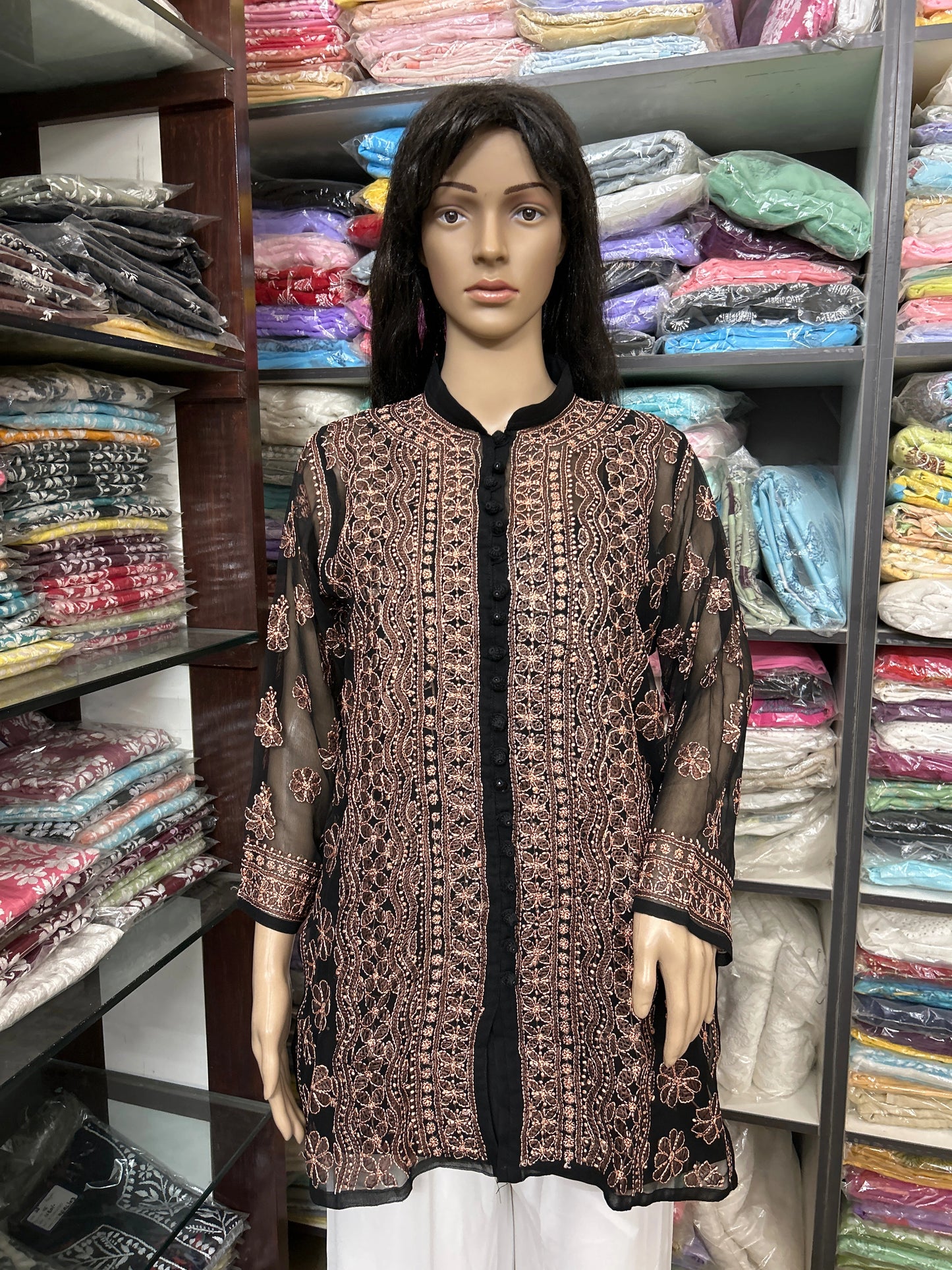 Lucknowi Chikankari Black Georgette Short Kurti-T50007