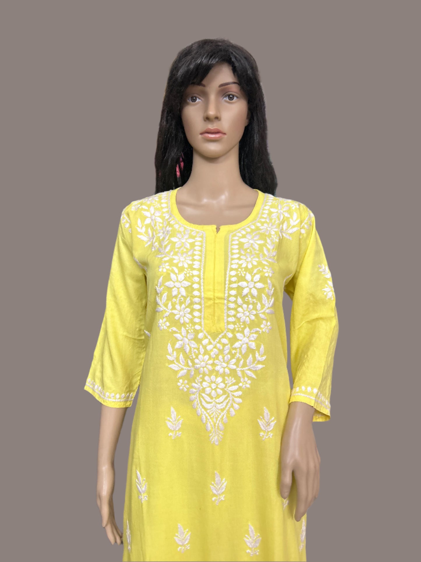 Lucknowi Chikankari Yellow Rayon Kurti-K000156