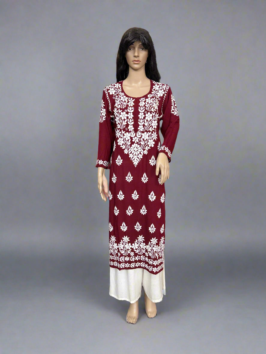 Lucknowi Chikankari Maroon 'Shafaq' Modal Kurti-K40094