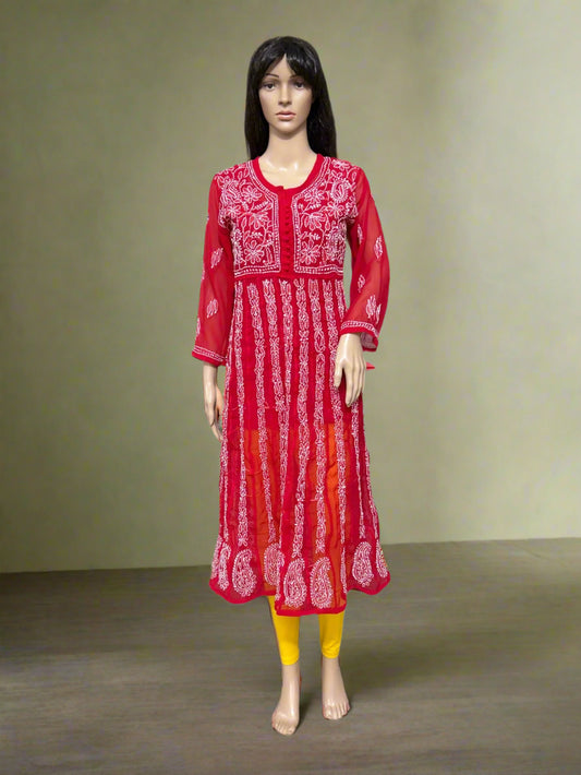 Lucknowi Chikankari Red Georgette Anarkali-K000041