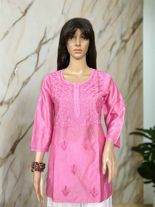Lucknowi Chikankari Pink Chanderi Short Kurti-T40006