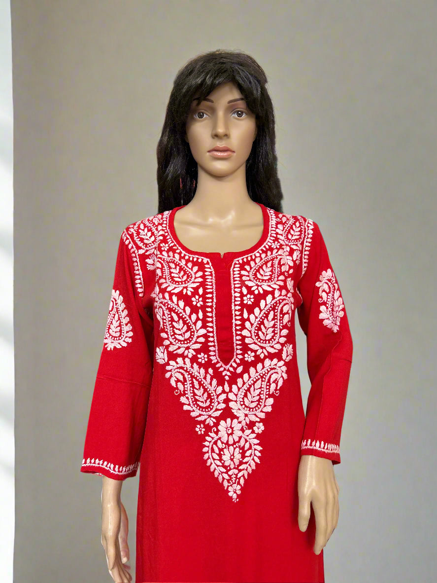 Lucknowi Chikankari Red Rayon Kurti-K000169