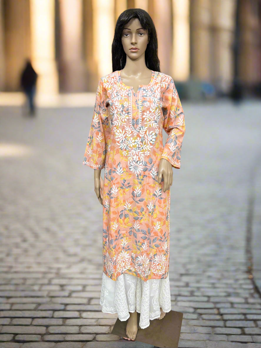 Lucknowi Chikankari Peach Printed Cotton Kurti-K000178