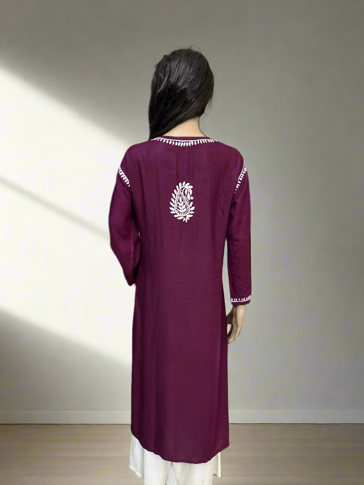 Lucknowi Chikankari Wine 'Jamuni' Rayon Kurti-K60059