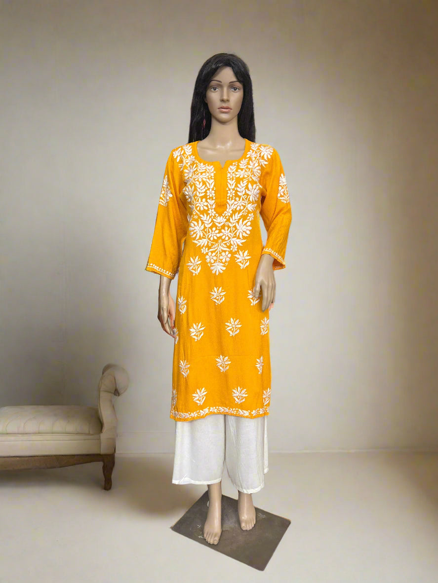 Lucknowi Chikankari Orange Rayon Kurti-K000152