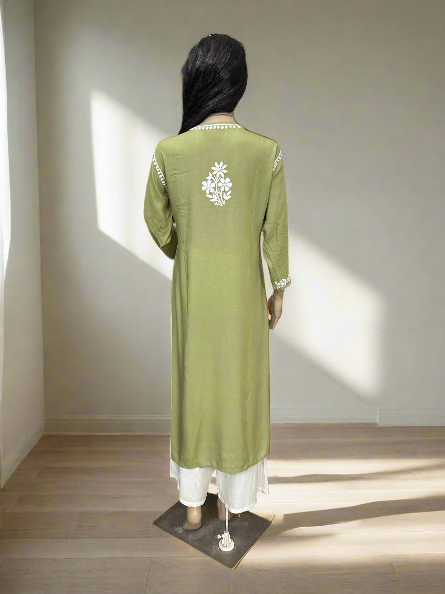 Lucknowi Chikankari Green Modal Kurti-K000141