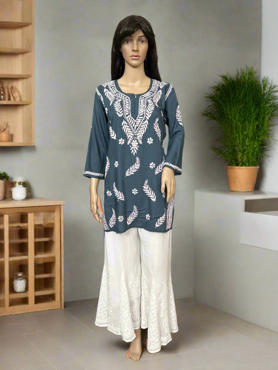 Lucknowi Chikankari Grey Rayon Short Kurti-T000081