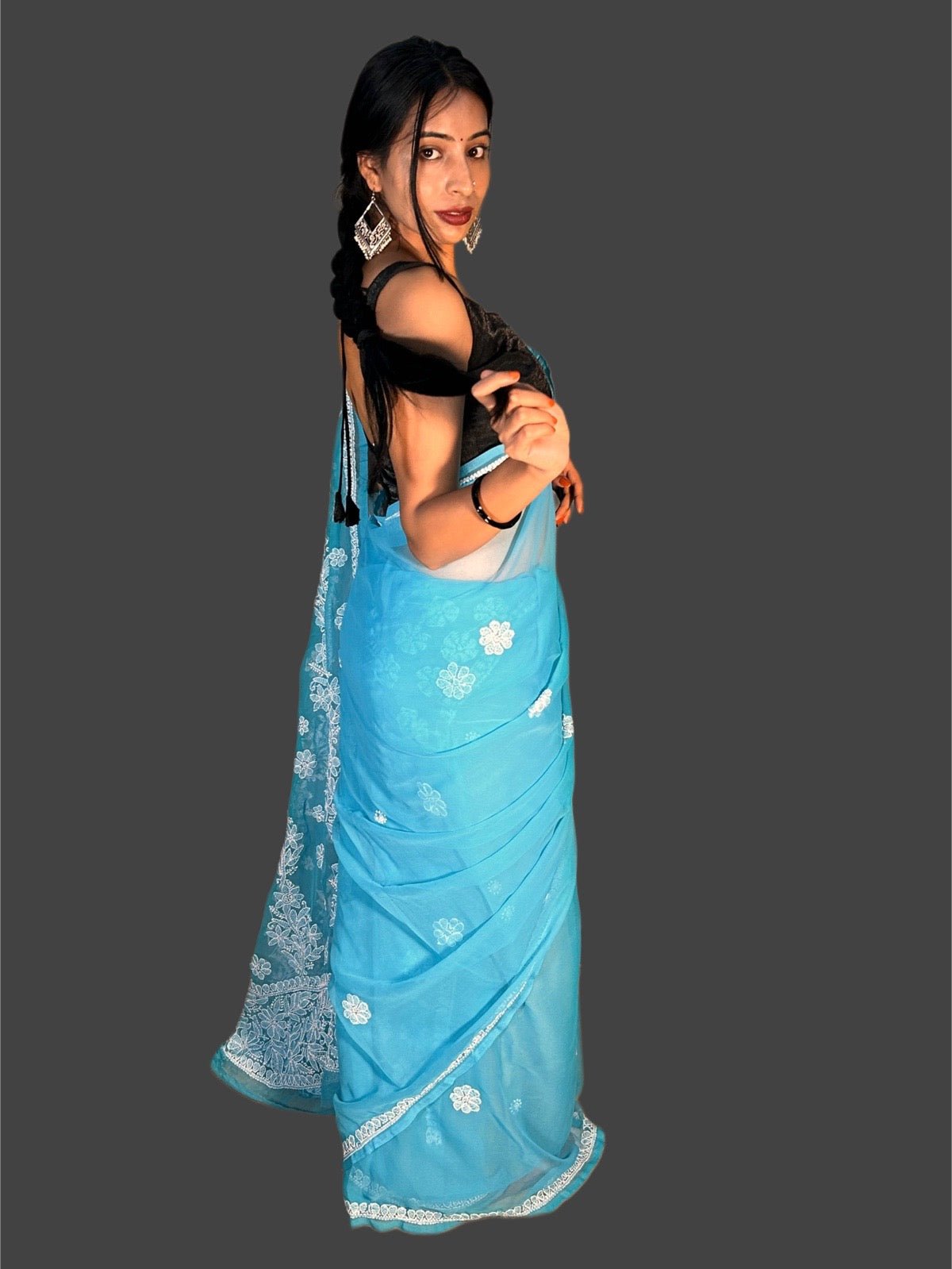 Lucknowi Chikankari Blue Georgette Saree (With Blouse)-S00012