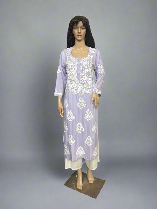 Lucknowi Chikankari Lavender Modal Kurti-K000148