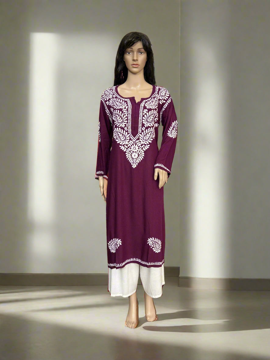 Lucknowi Chikankari Wine 'Jamuni' Rayon Kurti-K60059