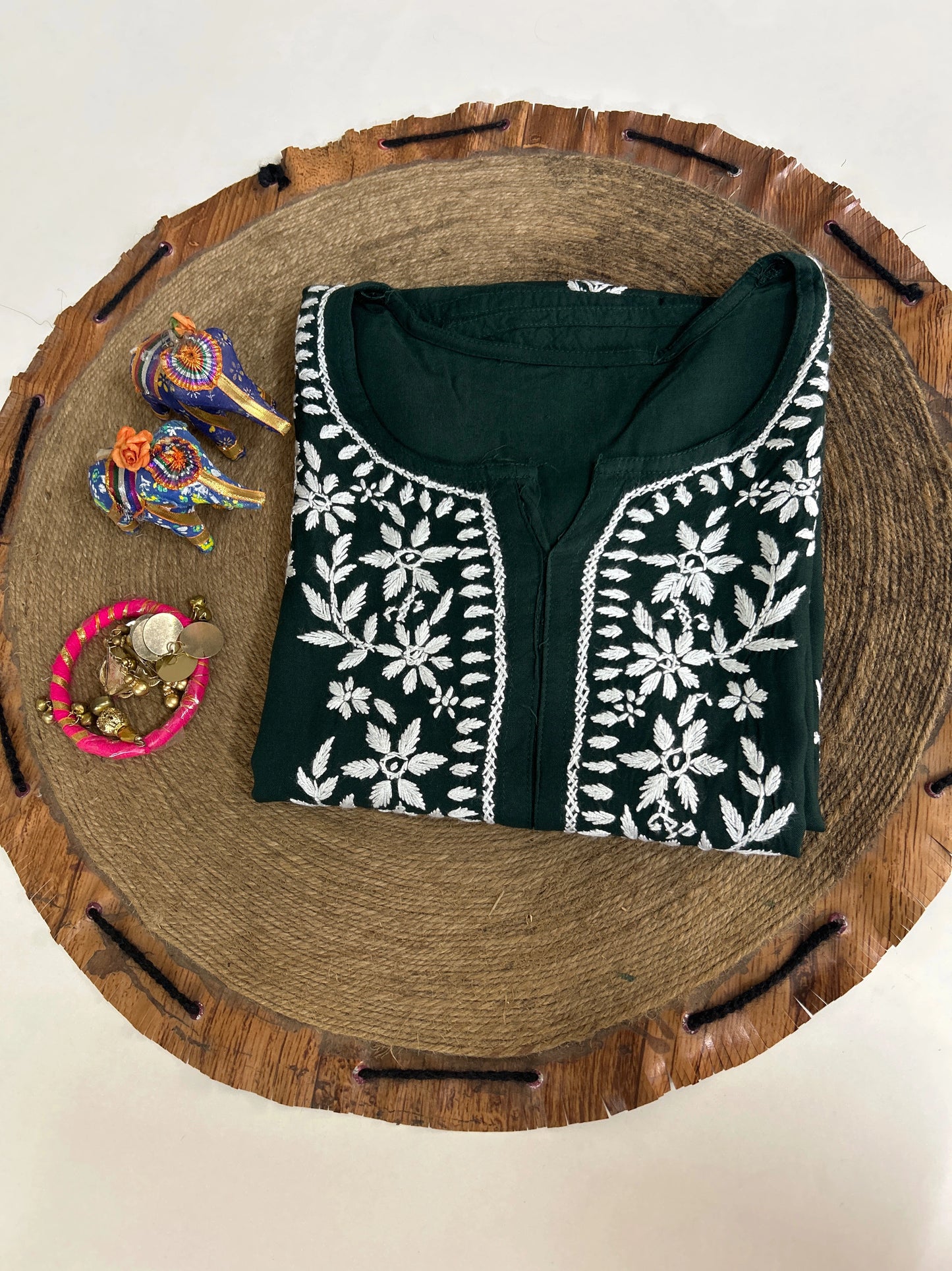 Lucknowi Chikankari Green Rayon Kurti-K000153