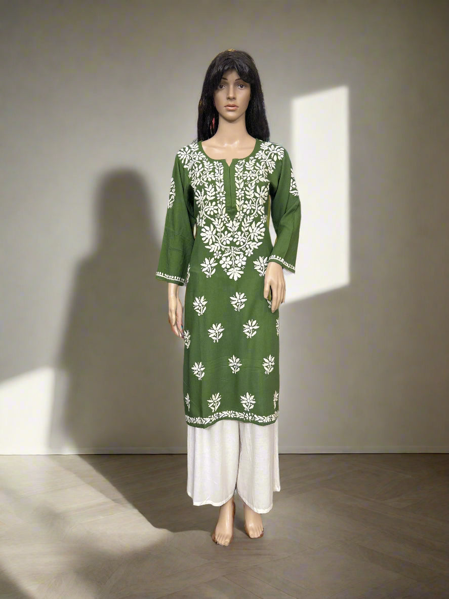Lucknowi Chikankari Green Rayon Kurti-K000163