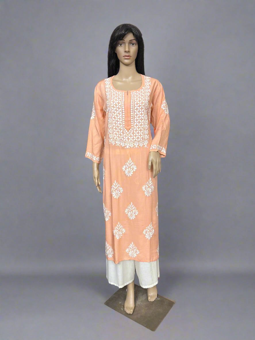 Lucknowi Chikankari Peach 'Aarooi' Modal Kurti-K60058