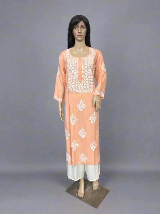 Lucknowi Chikankari Peach 'Aarooi' Modal Kurti-K60058
