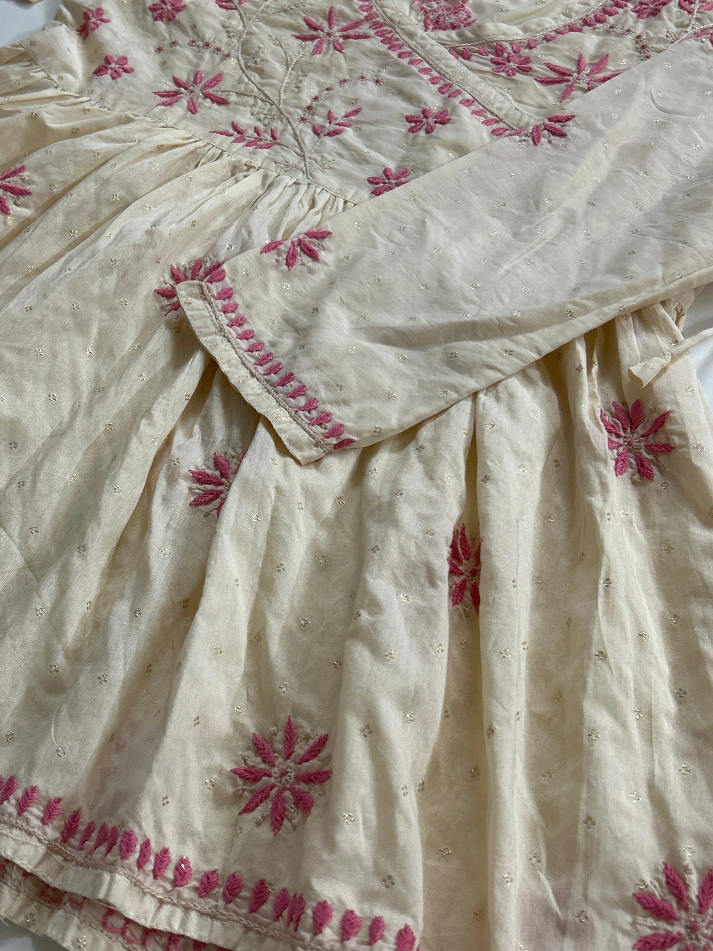 Lucknowi Chikankari Fawn Chanderi Angrakha Styled Short Kurti-T50021