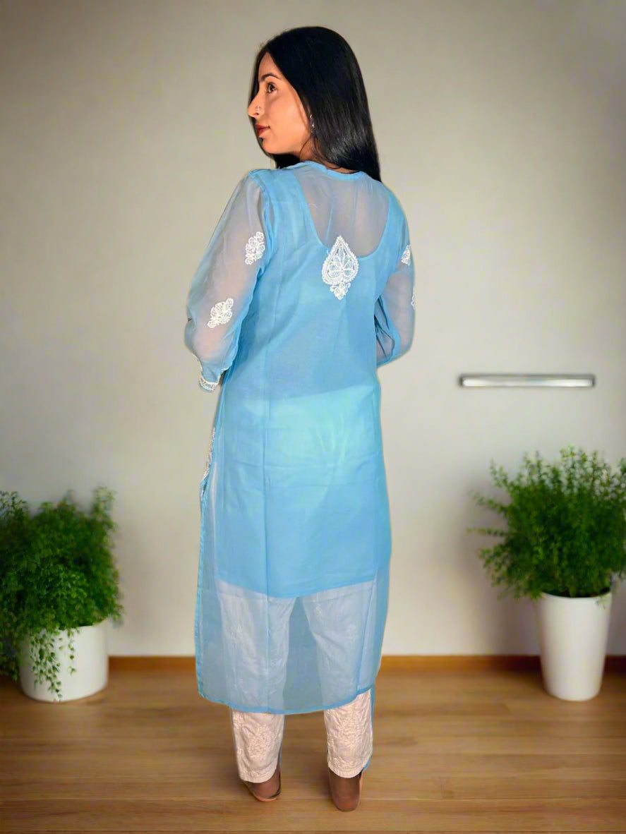 Lucknowi Chikankari Blue Georgette Kurti-K000061