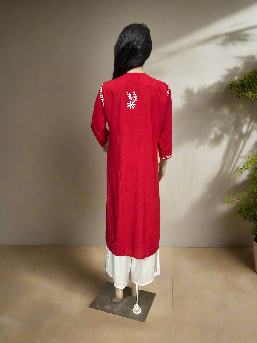 Lucknowi Chikankari Red Rayon Kurti-K000155