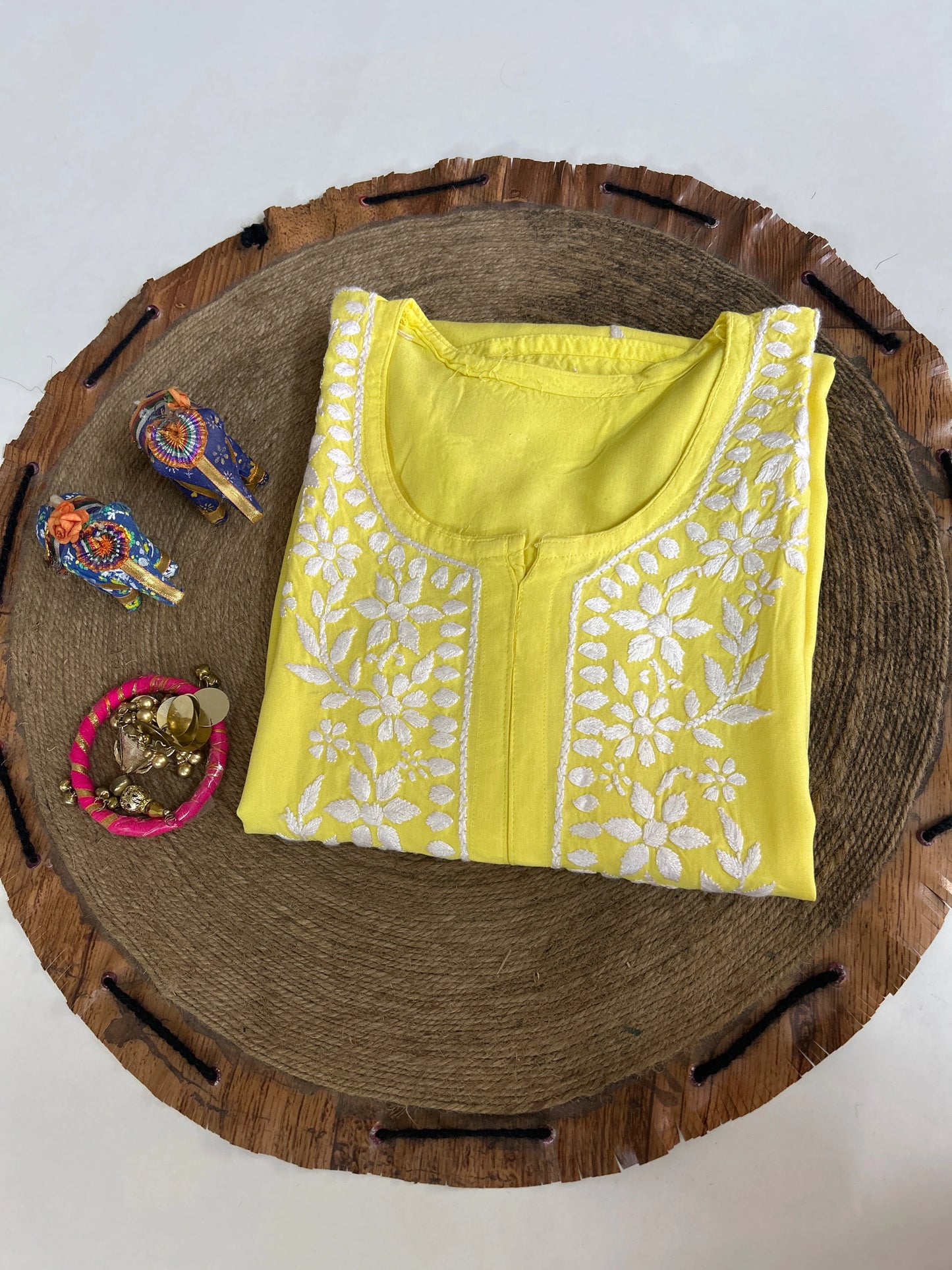 Lucknowi Chikankari Yellow Rayon Kurti-K000156