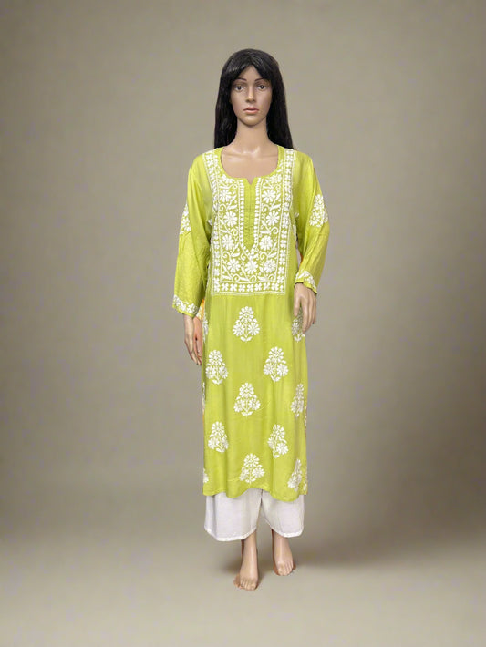 Lucknowi Chikankari Lime Green 'Bahar' Modal Kurti-K70012