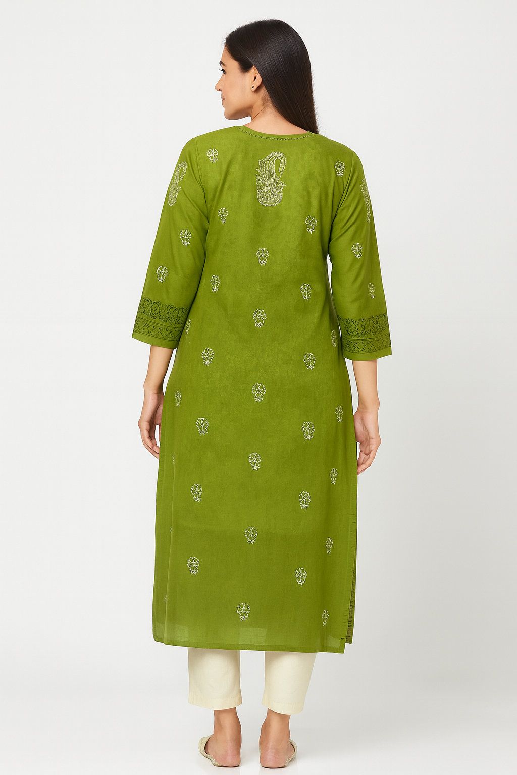 Lucknowi Chikankari Green 'Bahar' Cotton Kurti-K000184