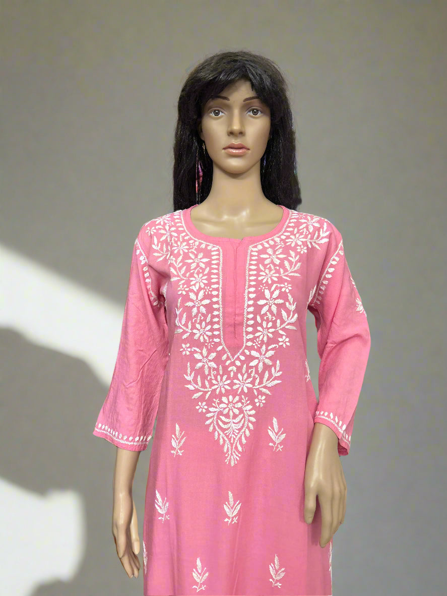 Lucknowi Chikankari Pink Rayon Kurti-K000158