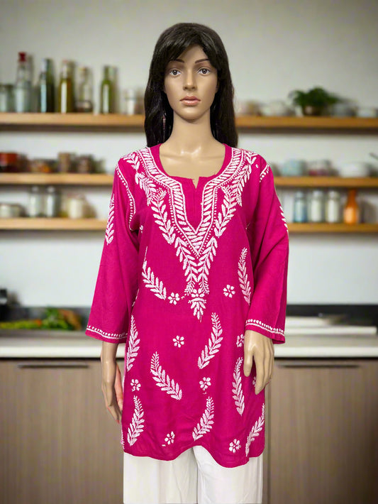 Lucknowi Chikankari Pink Rayon Short Kurti-T000078