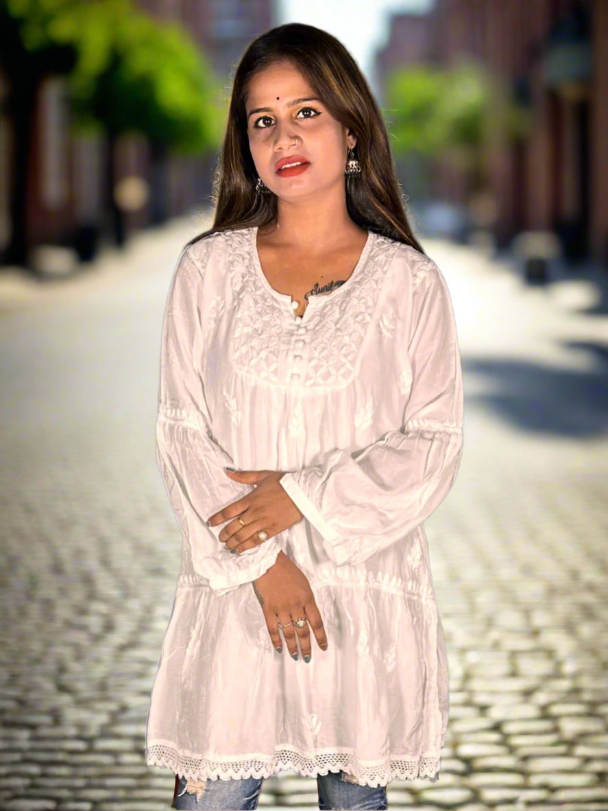 Lucknowi Chikankari White Muslin Short Kurti-T000012