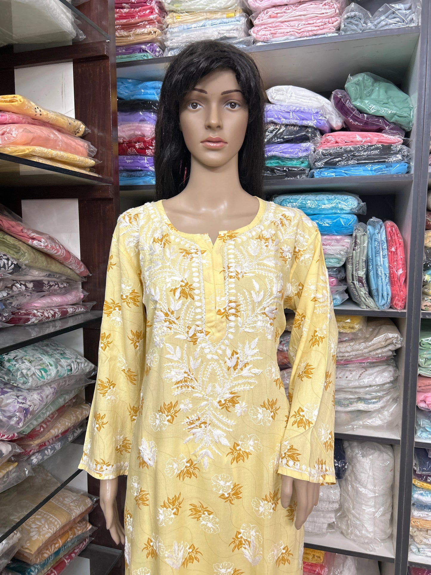 Lucknowi Chikankari Yellow Printed Rayon Kurti-K000076