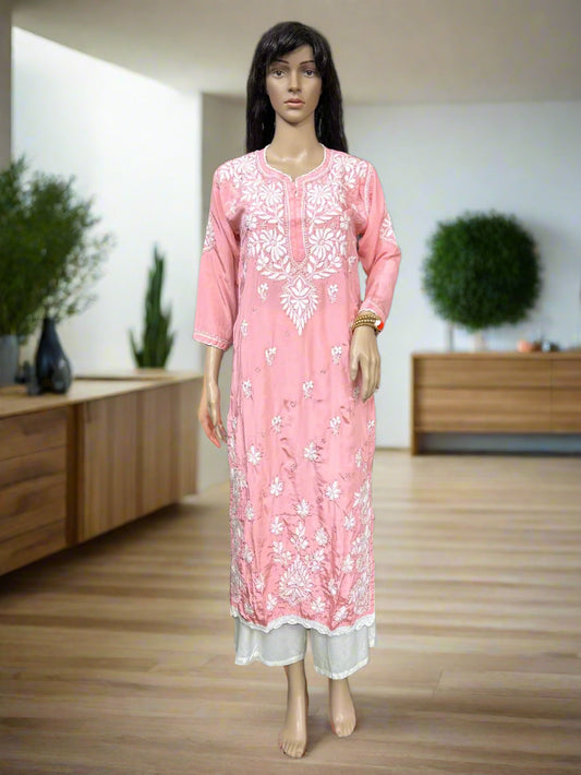 Lucknowi Chikankari Crape Pink Kurti-K000132