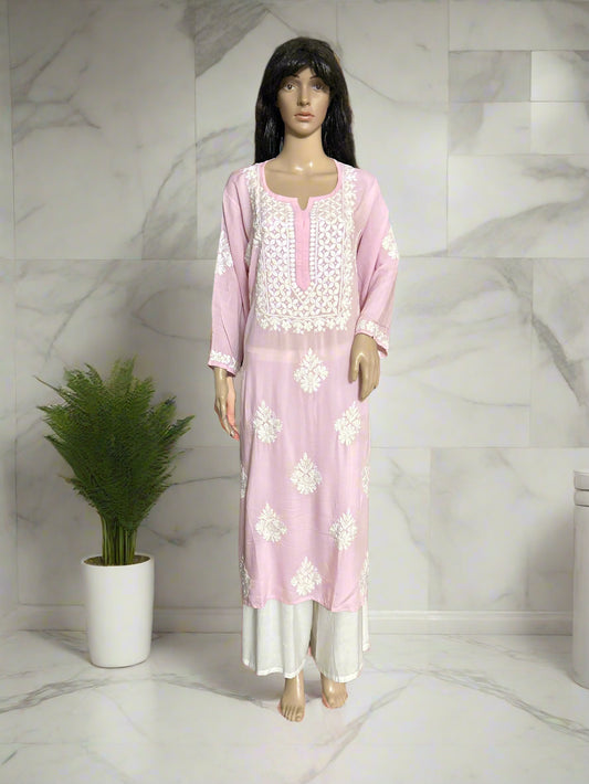 Lucknowi Chikankari Pink Modal Kurti-K70009
