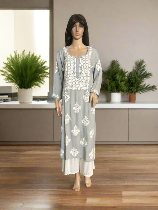 Lucknowi Chikankari Grey Modal Kurti-K80002