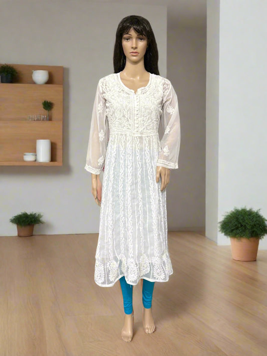 Lucknowi Chikankari White Georgette Anarkali-K000040