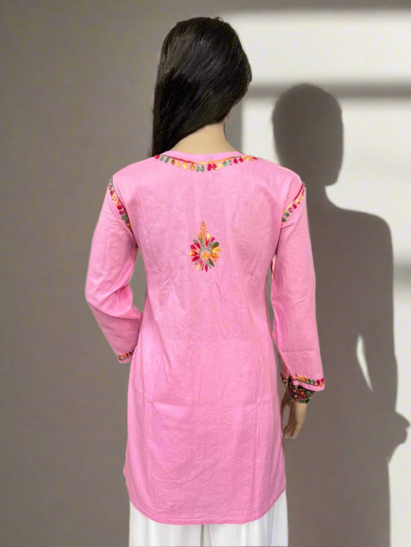 Lucknowi Chikankari Baby Pink Cotton Short Kurti-T000009
