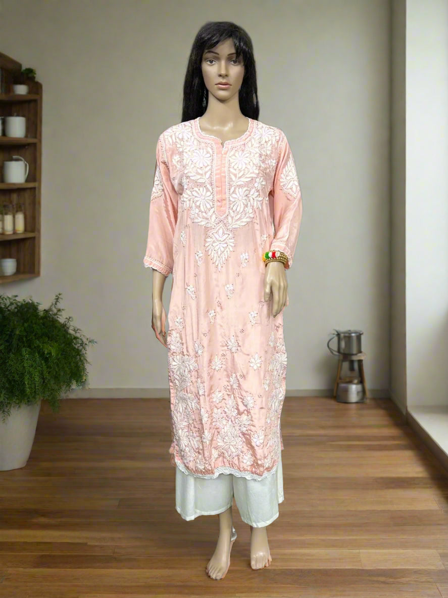Lucknowi Chikankari Crape Peach Kurti-K000131