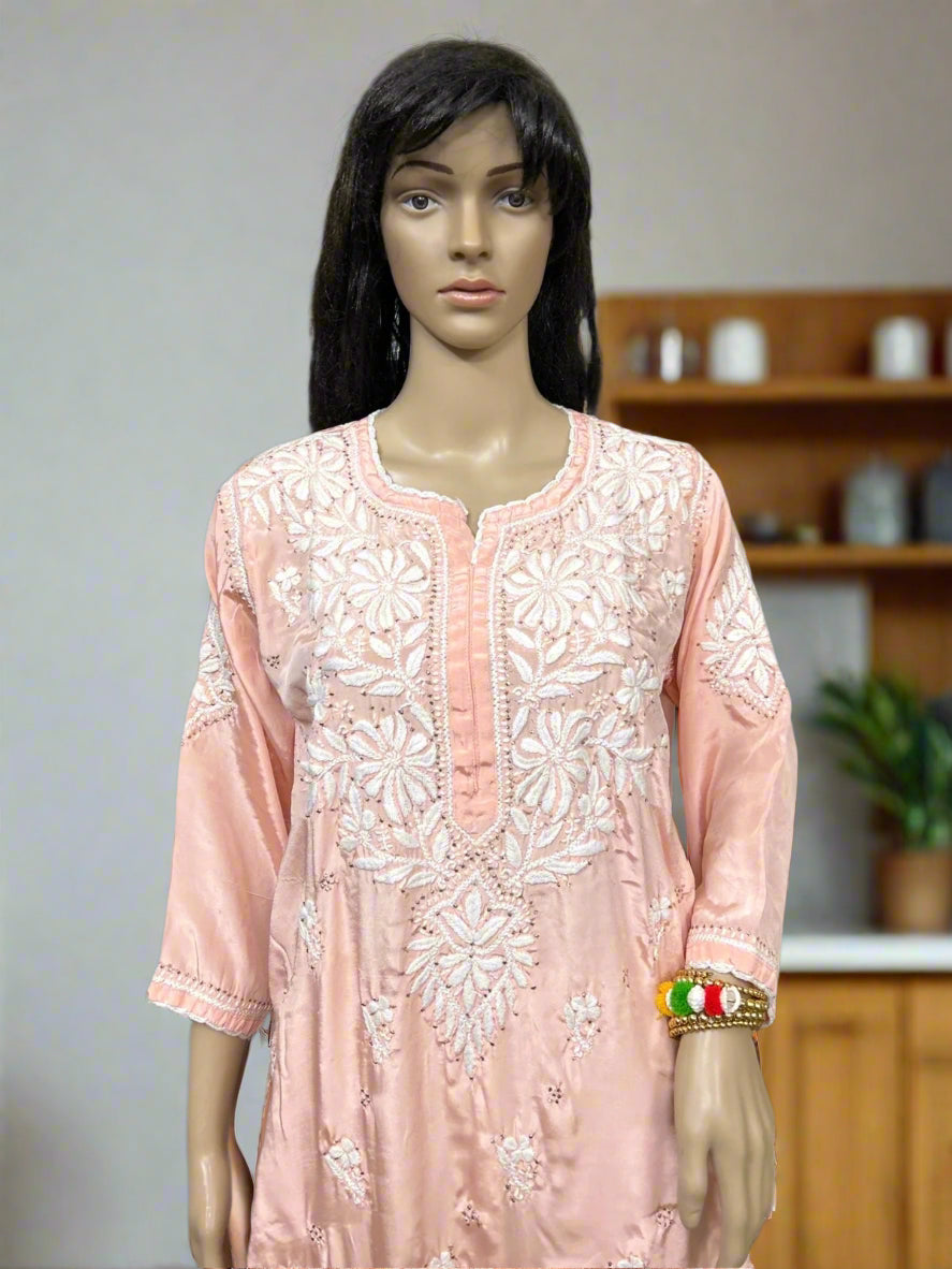 Lucknowi Chikankari Crape Peach Kurti-K000131