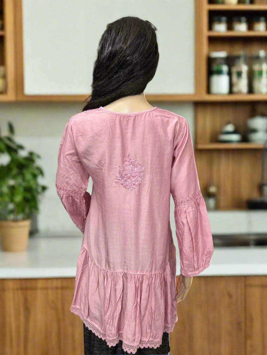 Lucknowi Chikankari Mauve Muslin Short Kurti-T50022