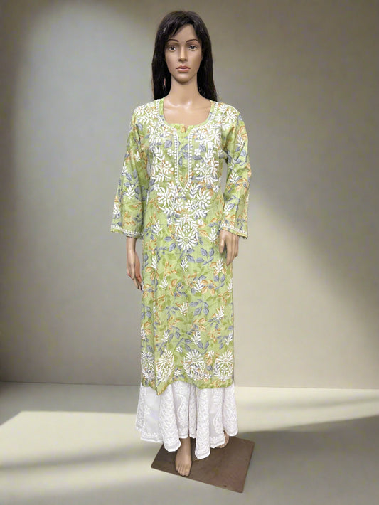 Lucknowi Chikankari Green Printed Cotton Kurti-K000177
