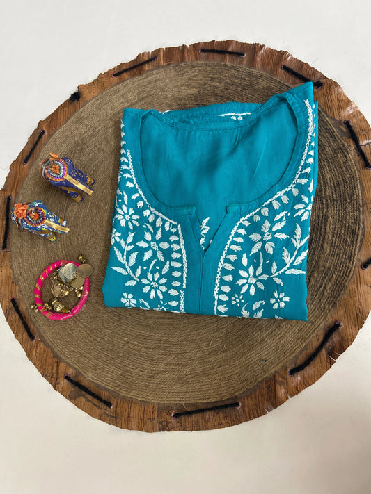 Lucknowi Chikankari Blue Rayon Kurti-K000154