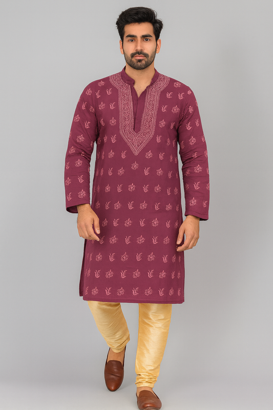 Lucknowi Chikankari Mauve 'Jamuni' Cotton Gents Kurta-GK00004