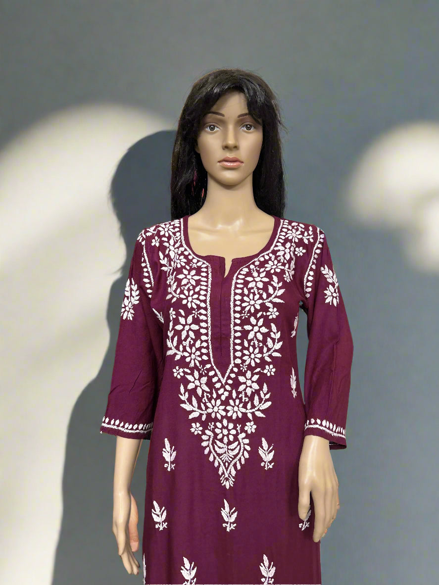 Lucknowi Chikankari Wine Rayon Kurti-K000159