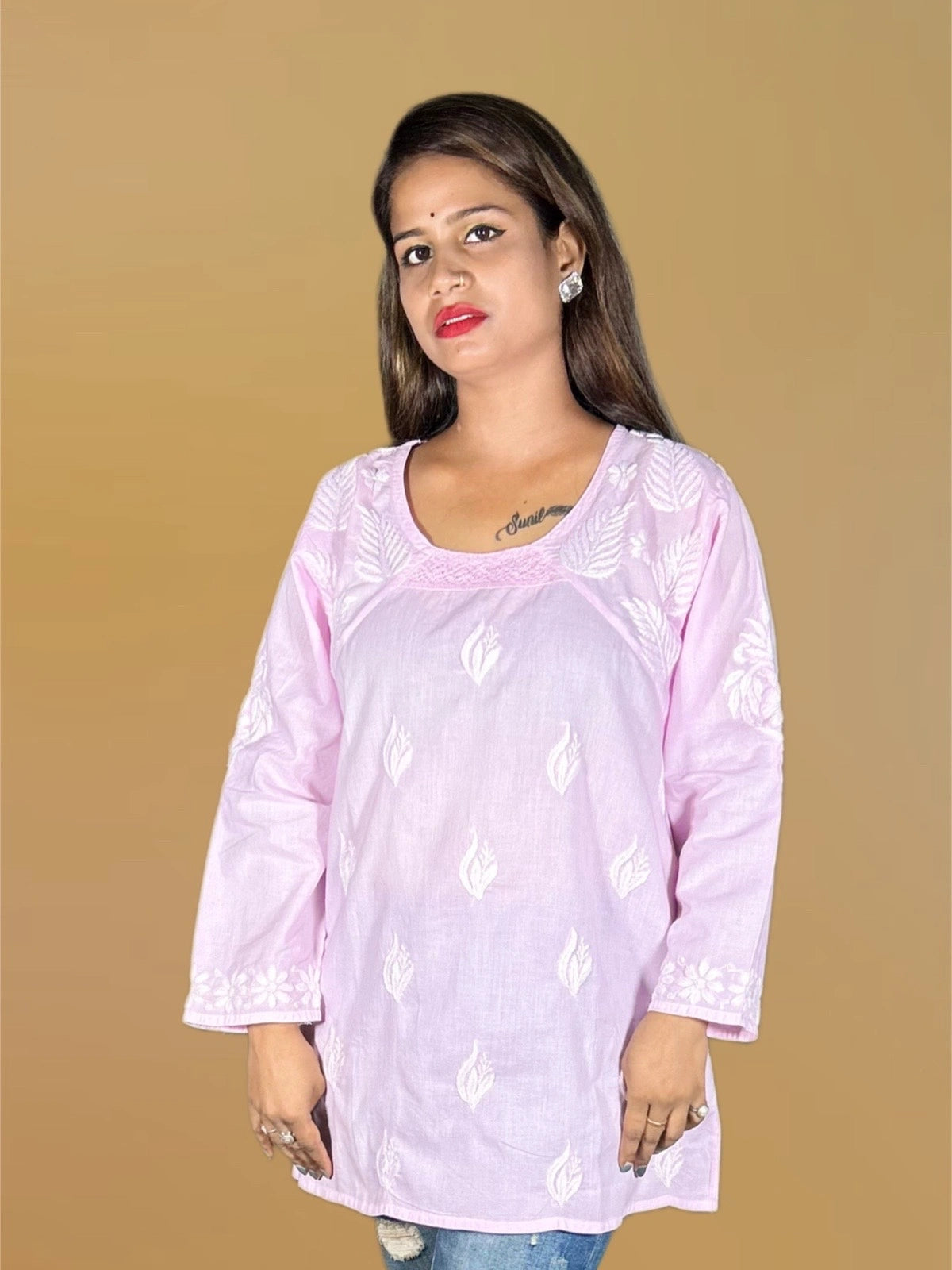 Lucknowi Chikankari Pink Cotton Short Kurti-T40008