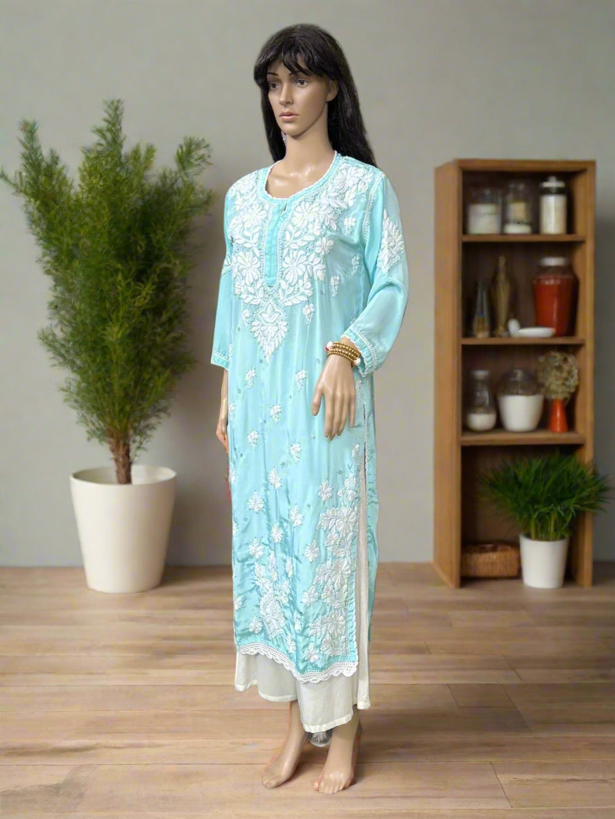 Lucknowi Chikankari Crape Blue Kurti-K000130