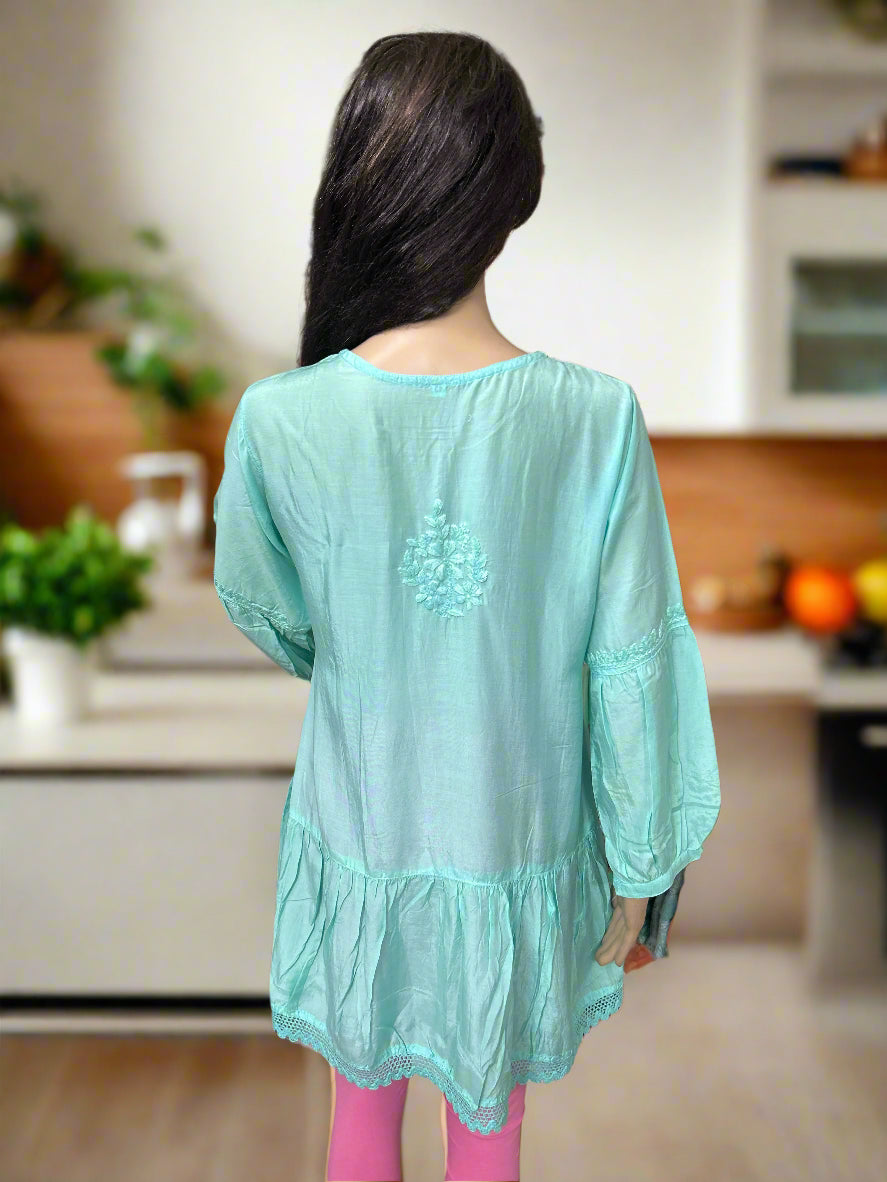 Lucknowi Chikankari Light Teal Muslin Short Kurti-T50023