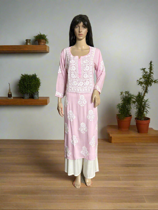 Lucknowi Chikankari Pink Modal Kurti-K50079